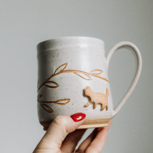 Cat & Garden Vine, Pottery Mug by Linko