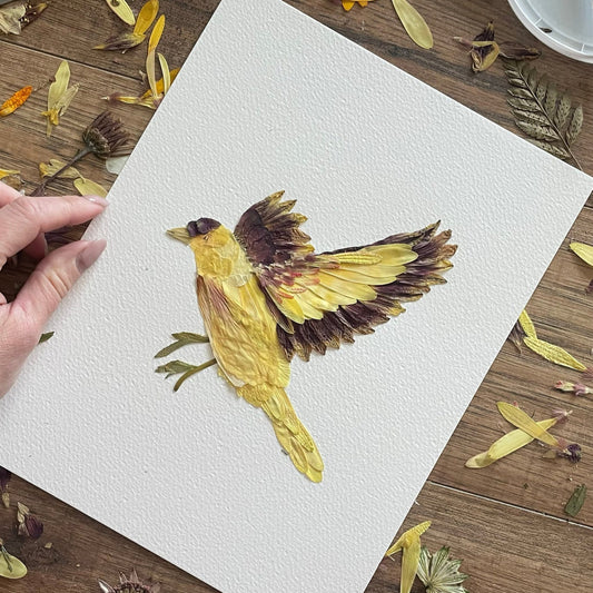 Hand holding a piece of paper with a yellow bird illustration on a wooden surface with dried leaves.
