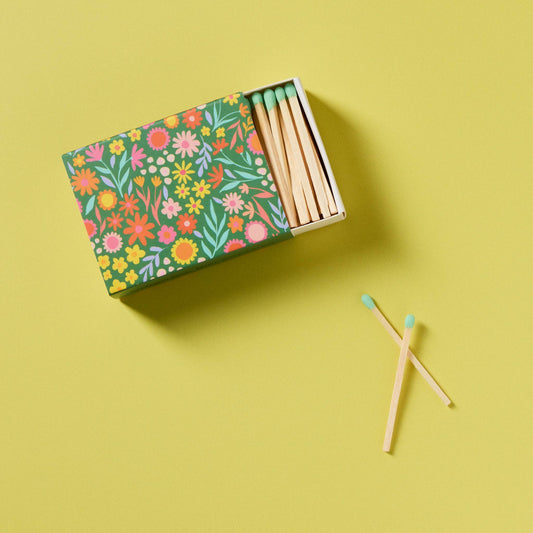 Floral Meadow Matchbox with Colorful Matchsticks
