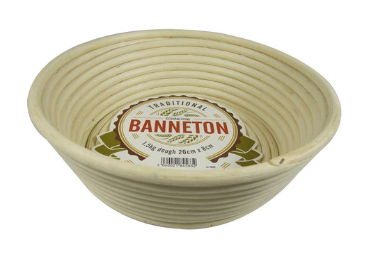 Banneton proofing basket with a label on a white background