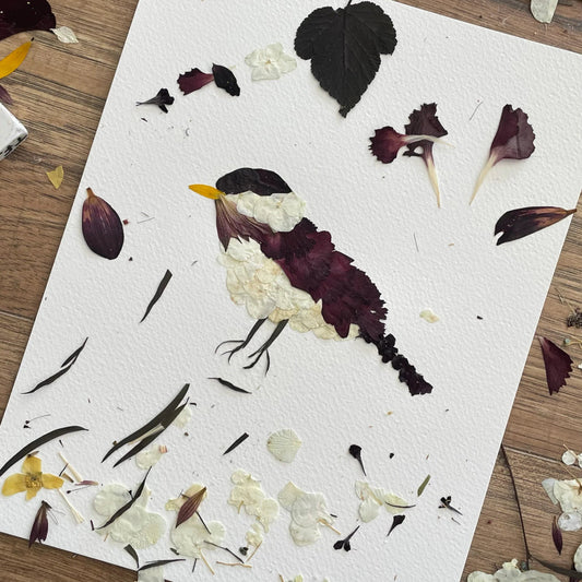 11x14 Chickadees Pressed Flower Wall Print