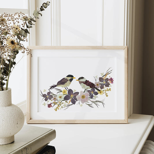 11x14 Chickadees Pressed Flower Wall Print