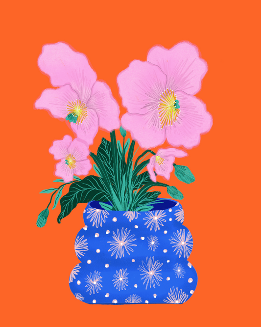 Curvy Blue Vase & Poppies—8x11.5inch Wall Print