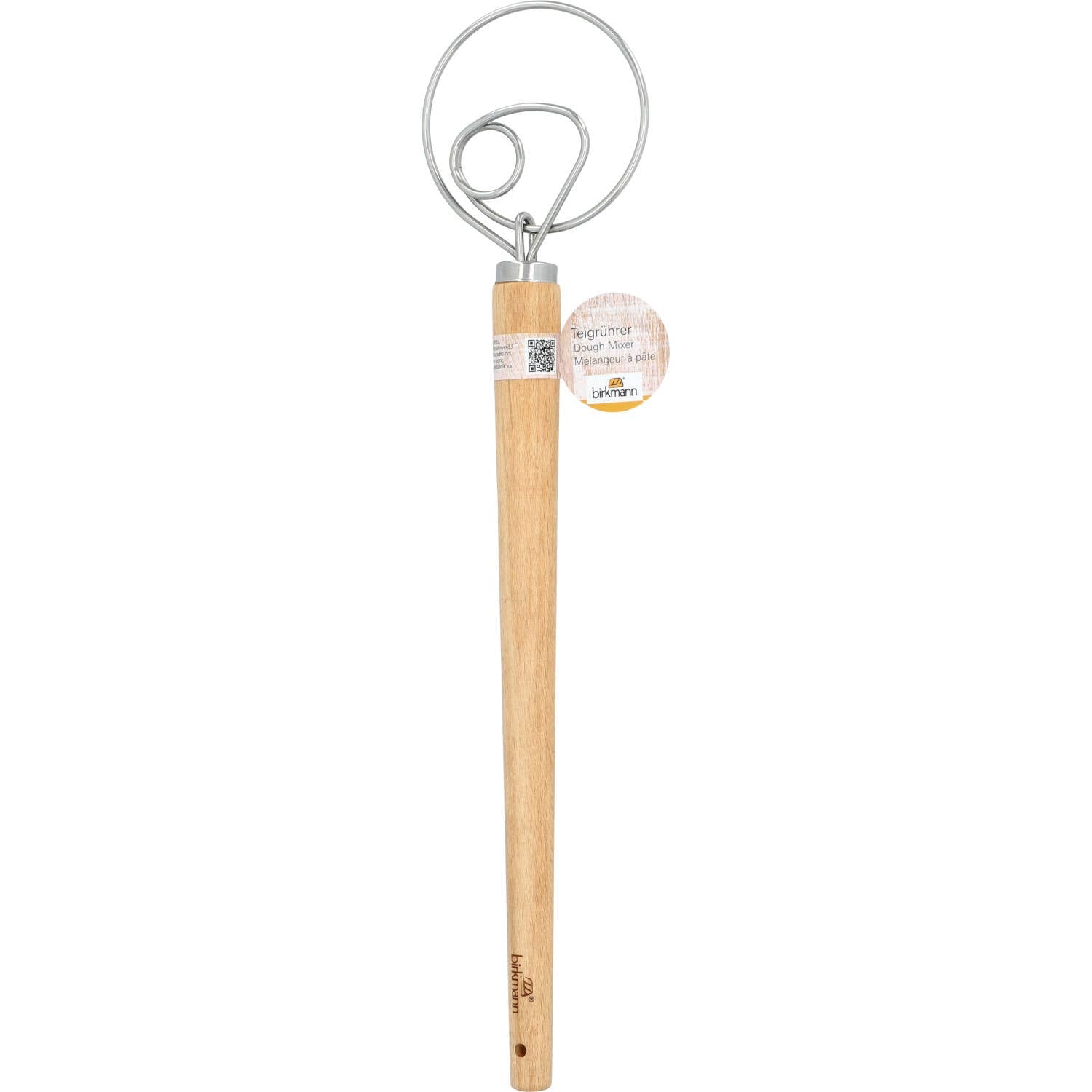 Danish dough whisk—a wooden tool with a metal hook, pictured on a white background