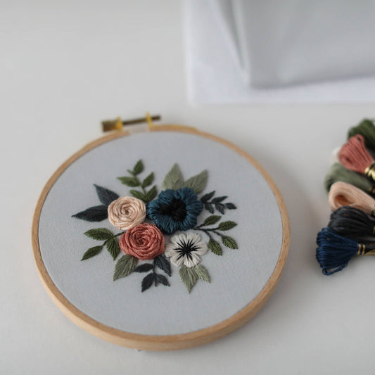Embroidery hoop with floral design on a white surface, accompanied by embroidery threads.