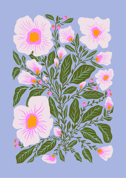 Vintage Blooms on Blue—8x11.5inch Wall Print