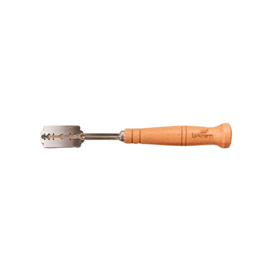 Bread lame for sourdough bread with a wooden handle ss pictured against a white background
