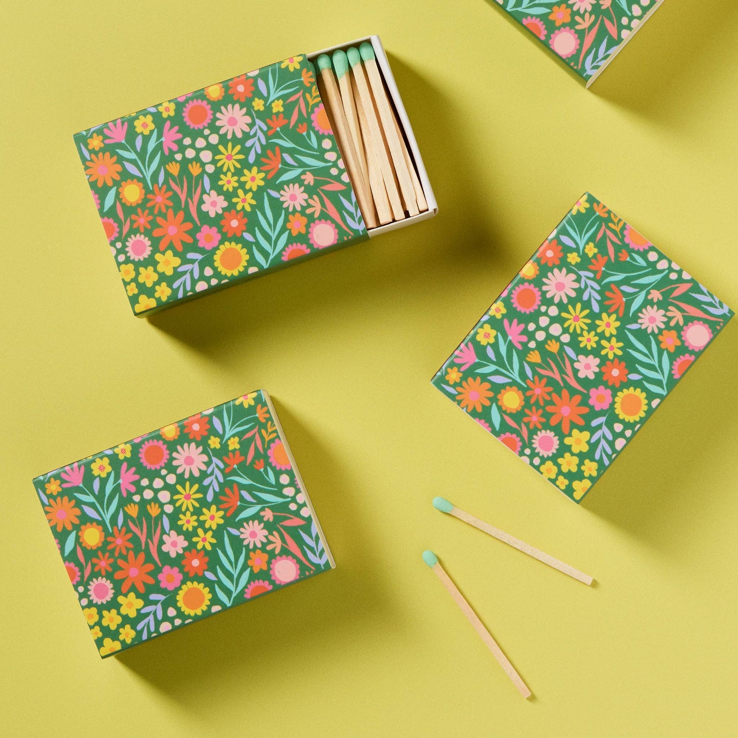 Floral Meadow Matchbox with Colorful Matchsticks