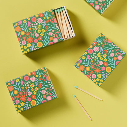 Floral Meadow Matchbox with Colorful Matchsticks