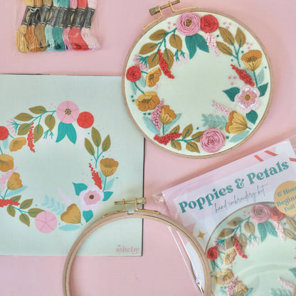 6" Beginner Hand Embroidery Kit - Floral Poppies and Petals