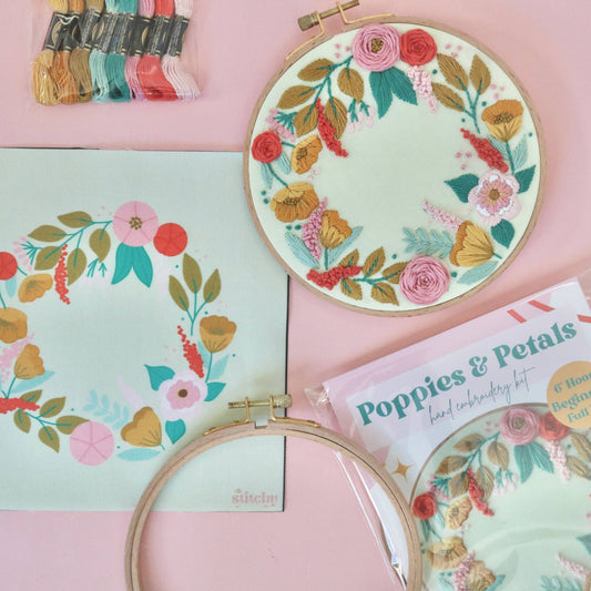 6" Beginner Hand Embroidery Kit - Floral Poppies and Petals