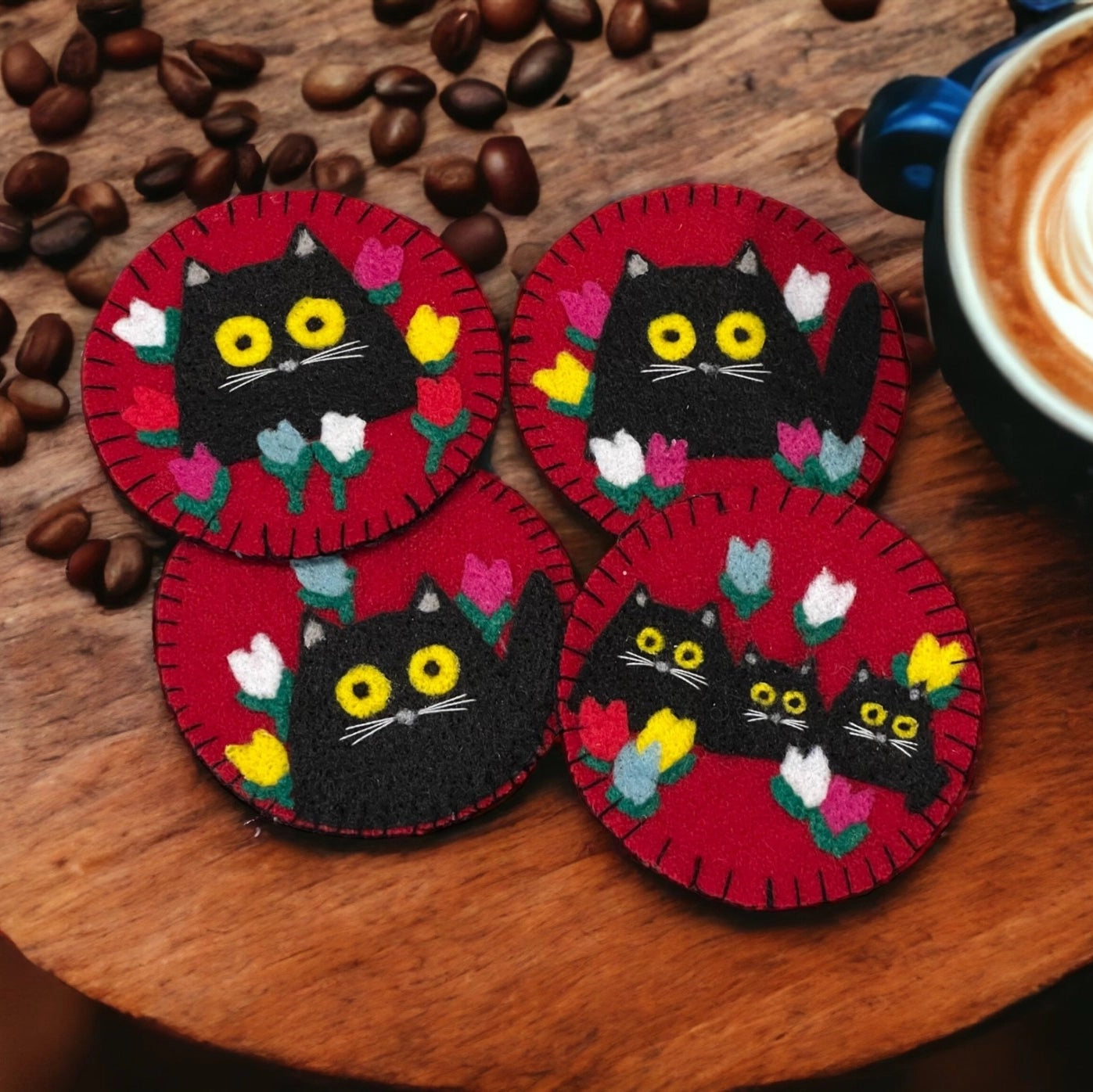 Coaster Sewing & Felt Kit—Maud Lewis Inspired Cats & Tulips
