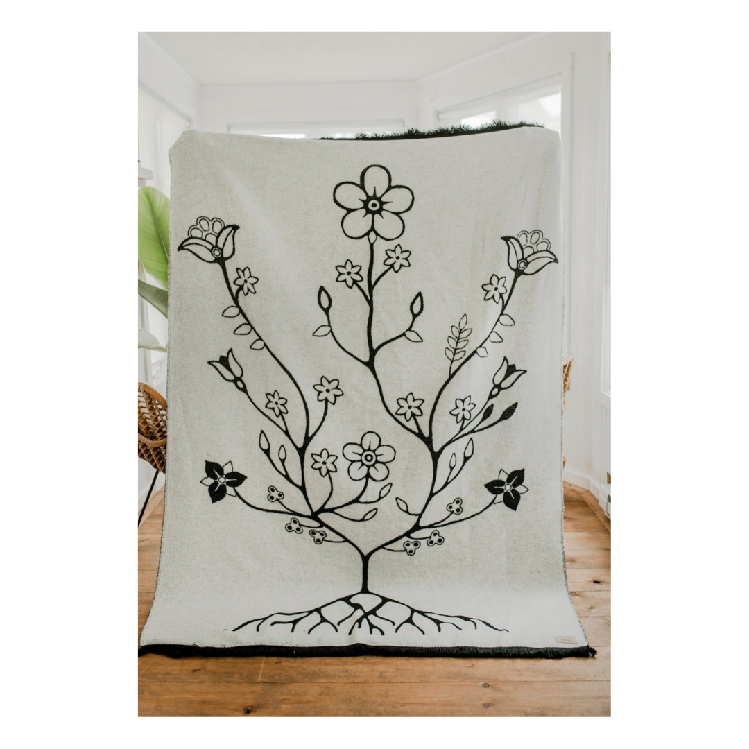 Black and White Woodland Floral Blanket by Mini Tipi
