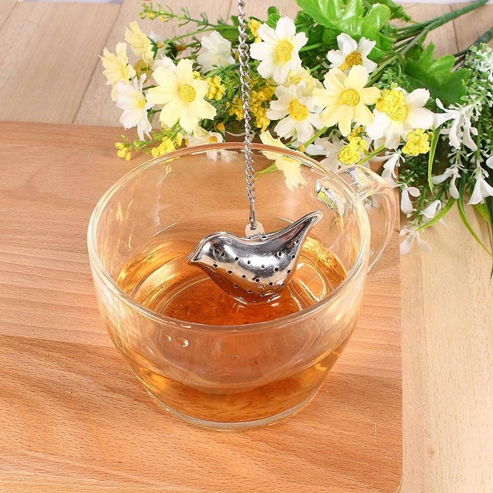 Bird-Shaped Stainless Steel Tea Infuser with Drip Tray: Silver