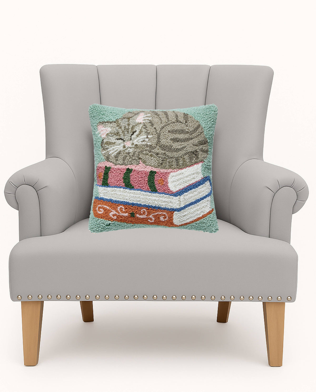 Cat On Books Wool Hook Pillow