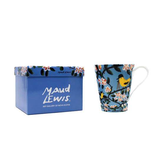 Maud Lewis mug with floral design and packaging on a white background