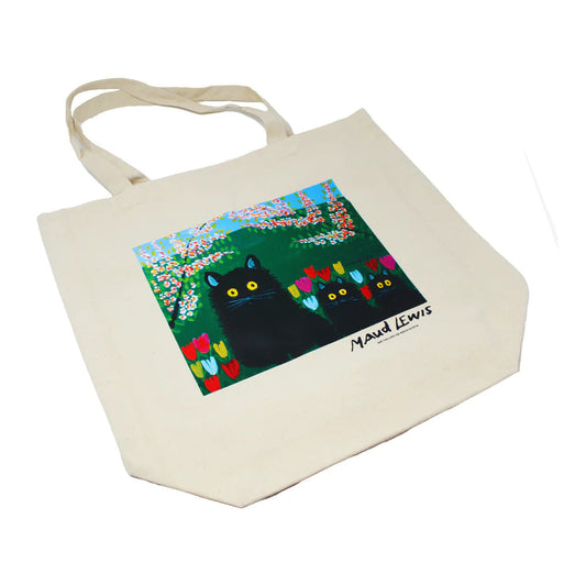 Beige tote bag with a painting of a black cat and colorful flowers on a white background