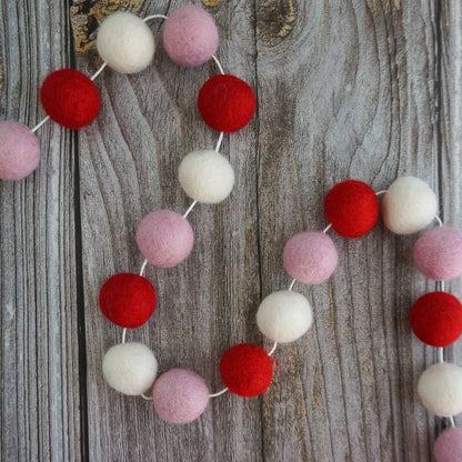 Pink, White & Red Felted Wool Pom Pom Garland—7 feet