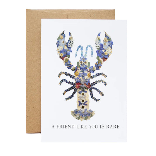 Greeting card with a floral lobster design and text on a white background