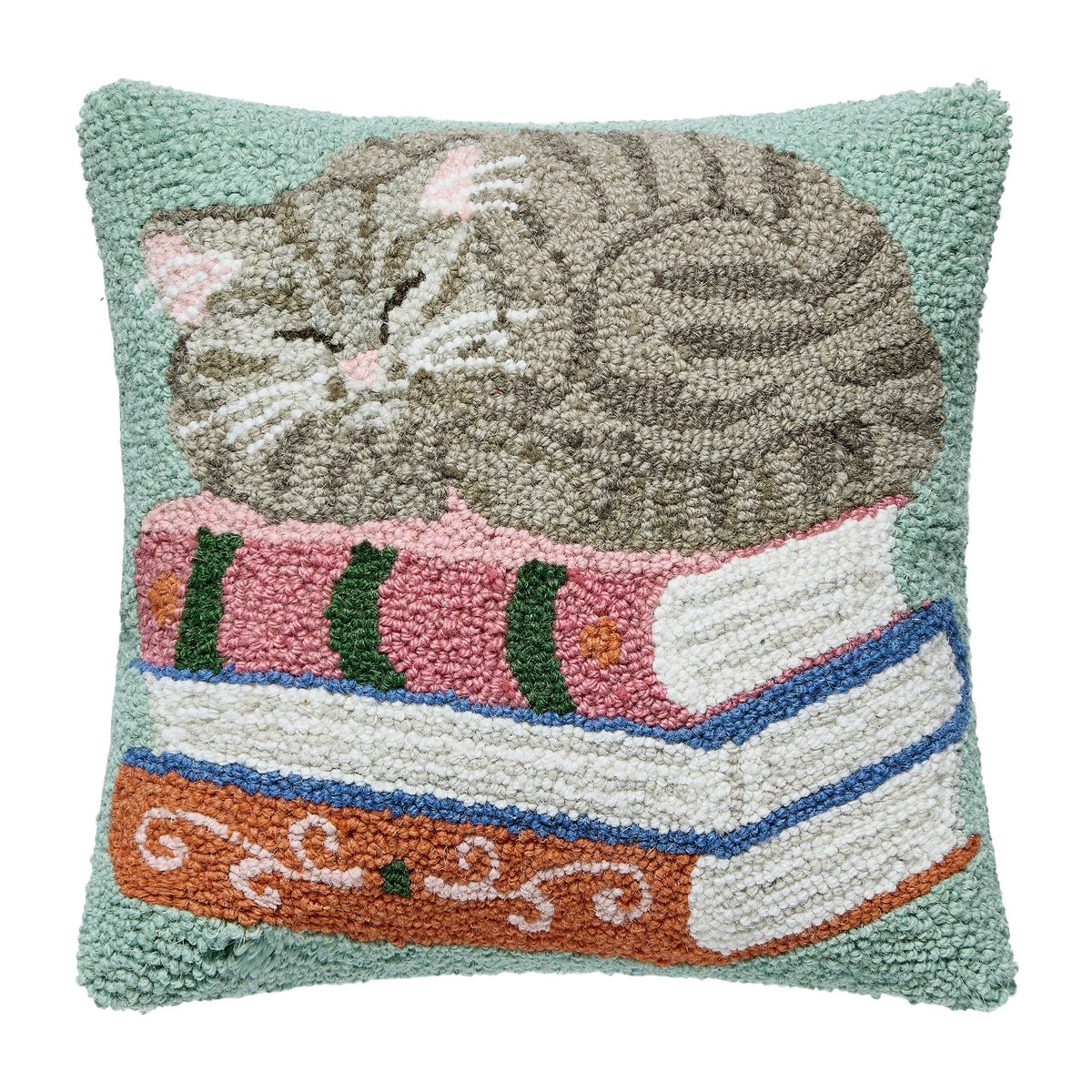 Cat On Books Wool Hook Pillow