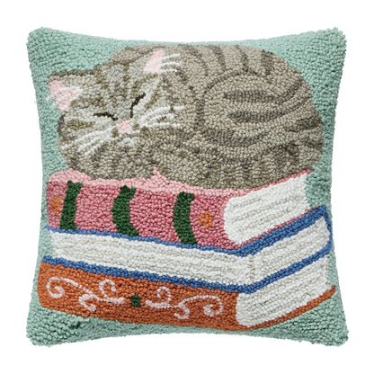 Cat On Books Wool Hook Pillow