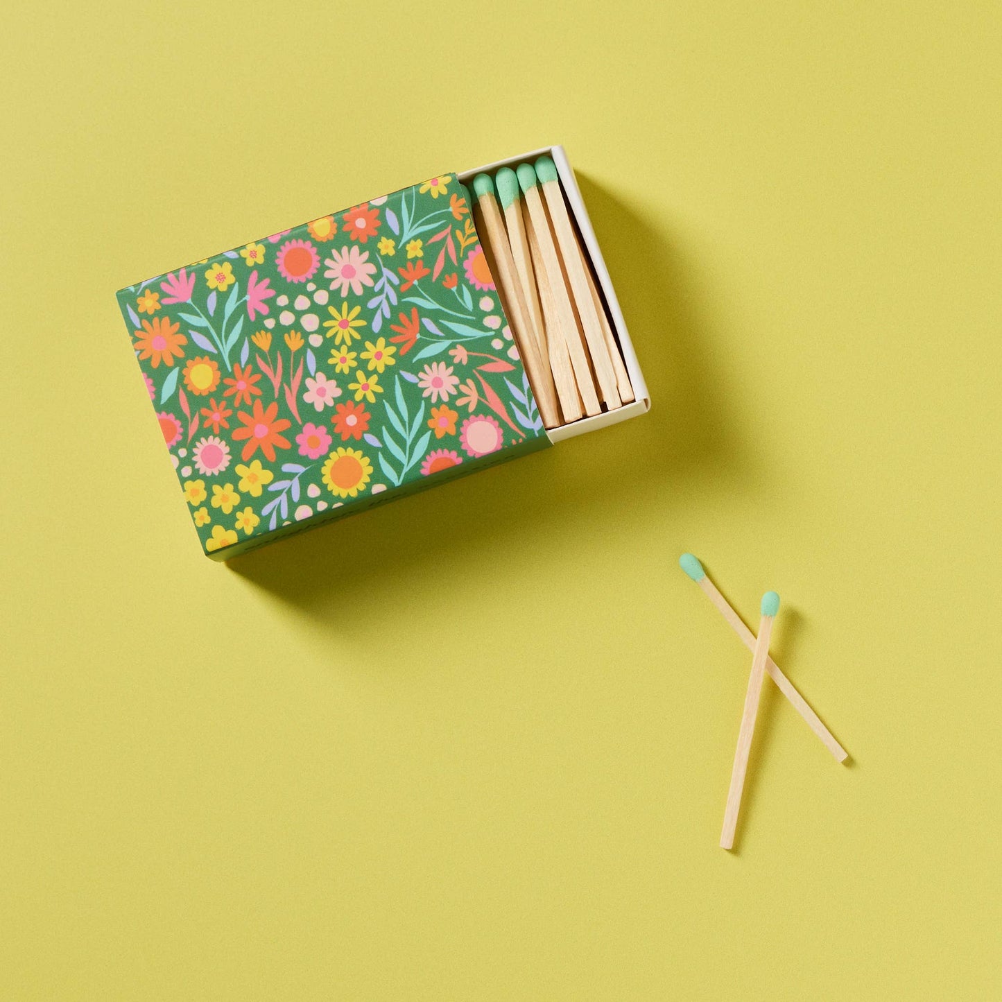 Floral Meadow Matchbox with Colorful Matchsticks