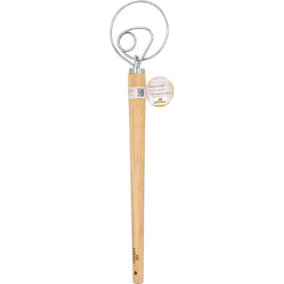 Danish dough whisk—a wooden tool with a metal hook, pictured on a white background