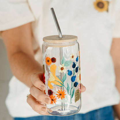 Fall Flowers Glass Can