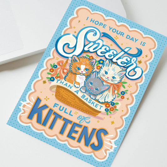Greeting card with cartoon kittens and text on a white background