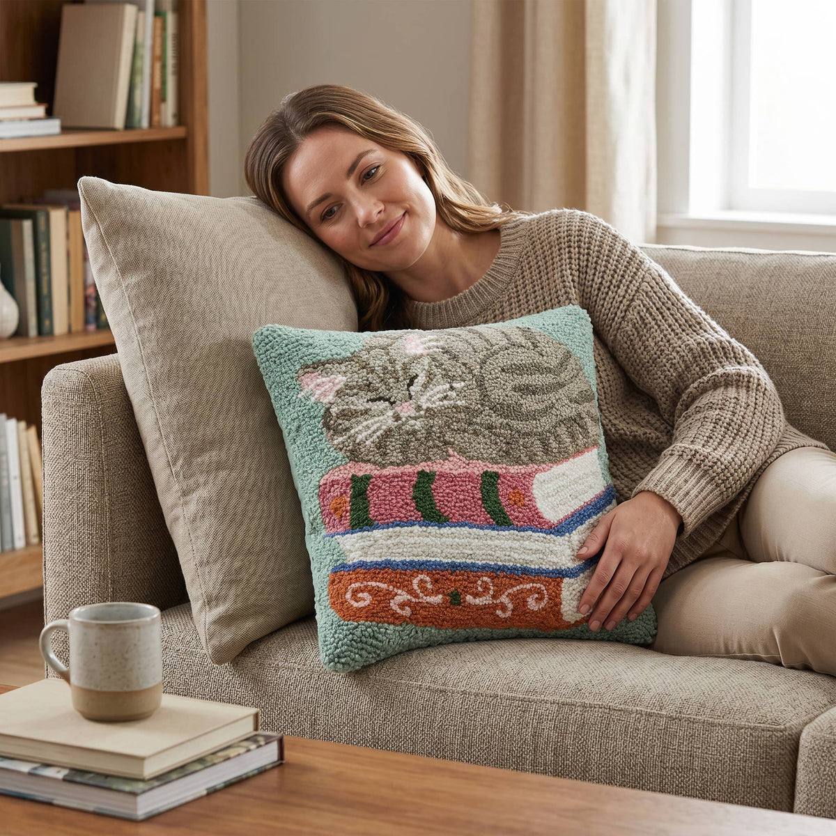Cat On Books Wool Hook Pillow