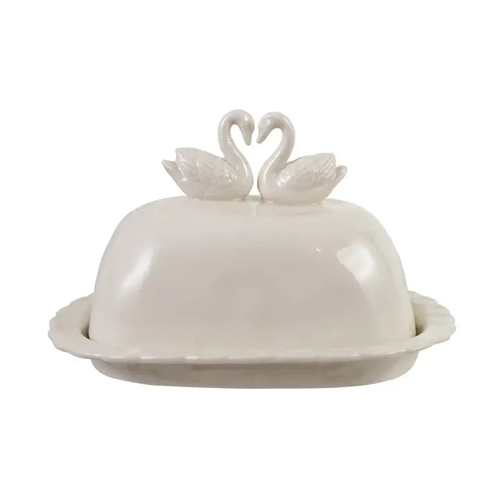 Scalloped Butter Dish with Swans